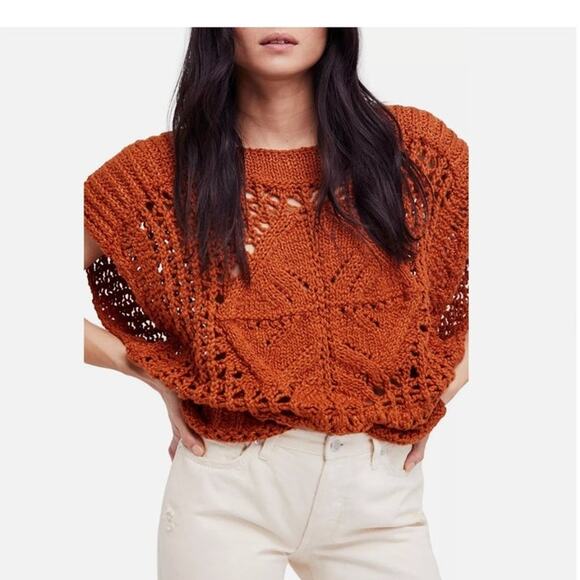 FREE PEOPLE Diamond In the Rough Sweater Crochet Knit Terra Cotta Brown Size S - Picture 1 of 8